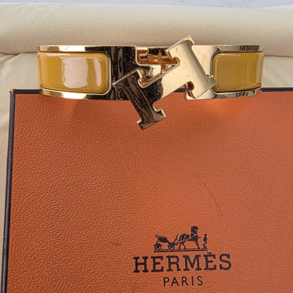 Authentic Hermes Gold & Yellow Cuff Bracelet Hermès Clic H Narrow Size PM (Petit - Picture 10 of 11